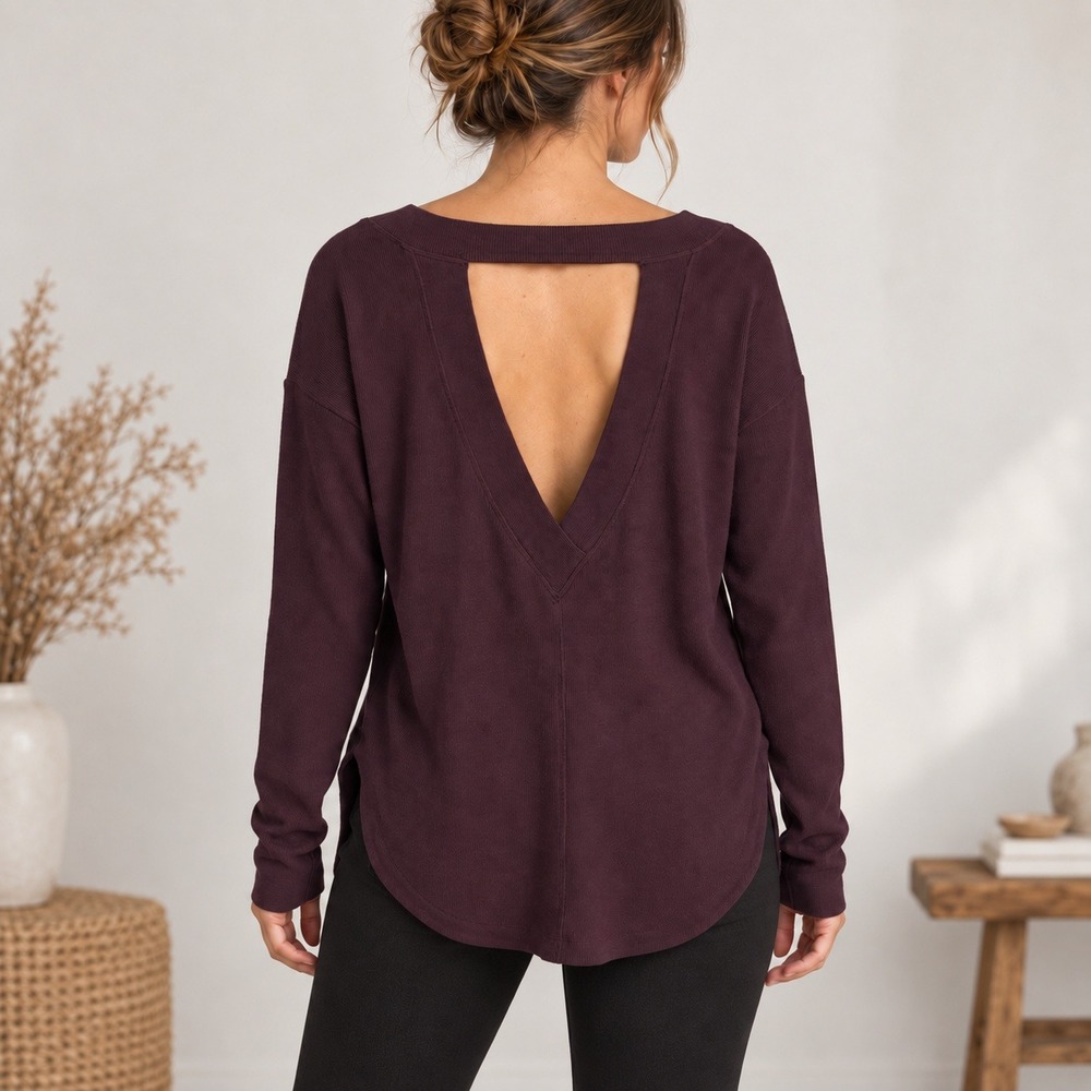 Athleta Burgundy Ribbed Open Back Long Sleeve Top with Curved Hem XXS